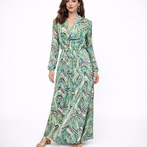 SUHE Italy Abstract Swirl Maxi Dress Green Purple Gold XL NW